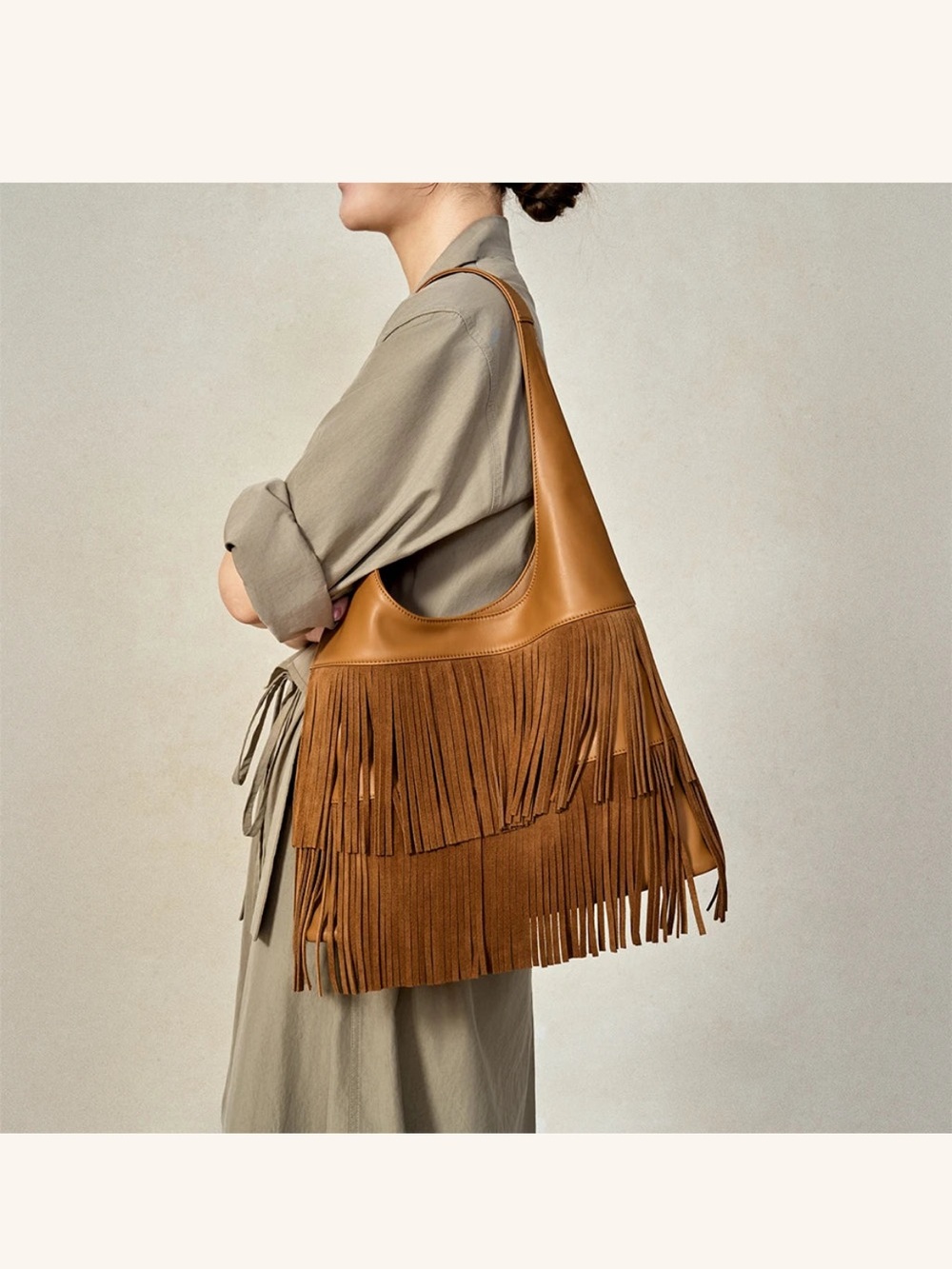 BAMPO Flow Double-Faced Leather Fringe Bag in Caramel – Excellent Condition